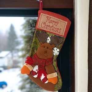Reindeer Moose Christmas Stocking Plush Folk Art Cabin Rustic‎ Farmhouse Holiday
